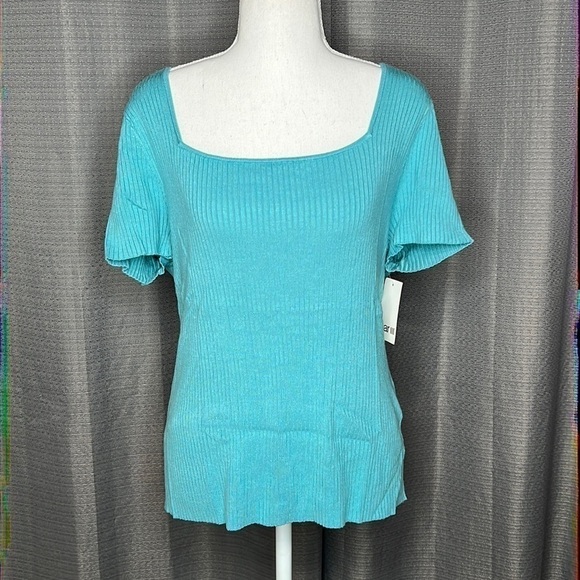 BAR III XXL TURQUOISE RIBBED SHIRT SLEEVED BLOUSE - Picture 1 of 6
